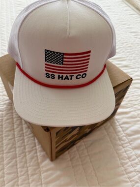 Southern String Hat Co White Trucker Hat with American Flag and Red Trim - NEW
